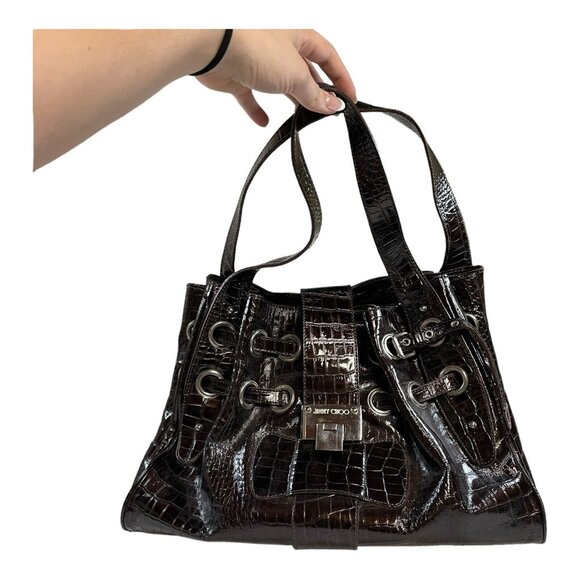 Jimmy Choo Ramona Handbag Purse Shoulder Bag Brown Alligator Croc Leather 15x10 - Picture 4 of 14
